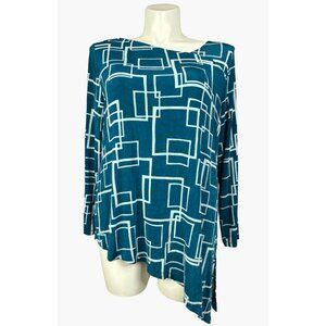 Chicos 3 Travelers XL 16/18 Blue Geometric Print 3/4 Sleeve Asymmetrical Top